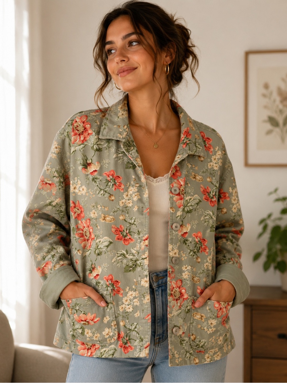 Teddi Sage Green Floral Button-Up Jacket
